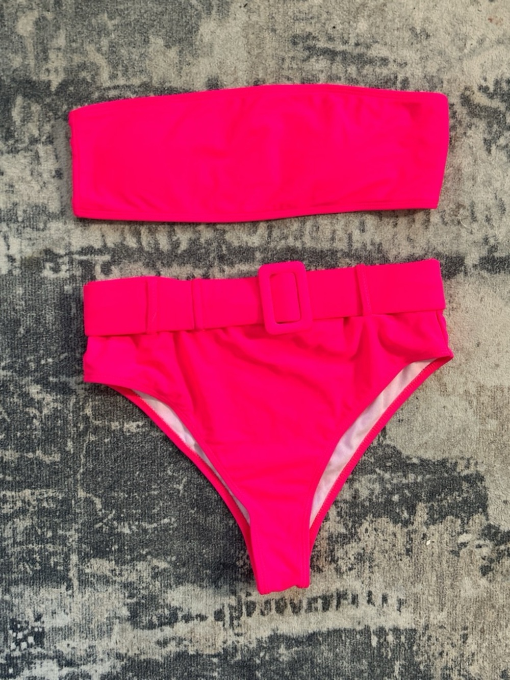 SHEIN Hot Pink Bandeau Bikini Set with High Waist Belted Bottom
